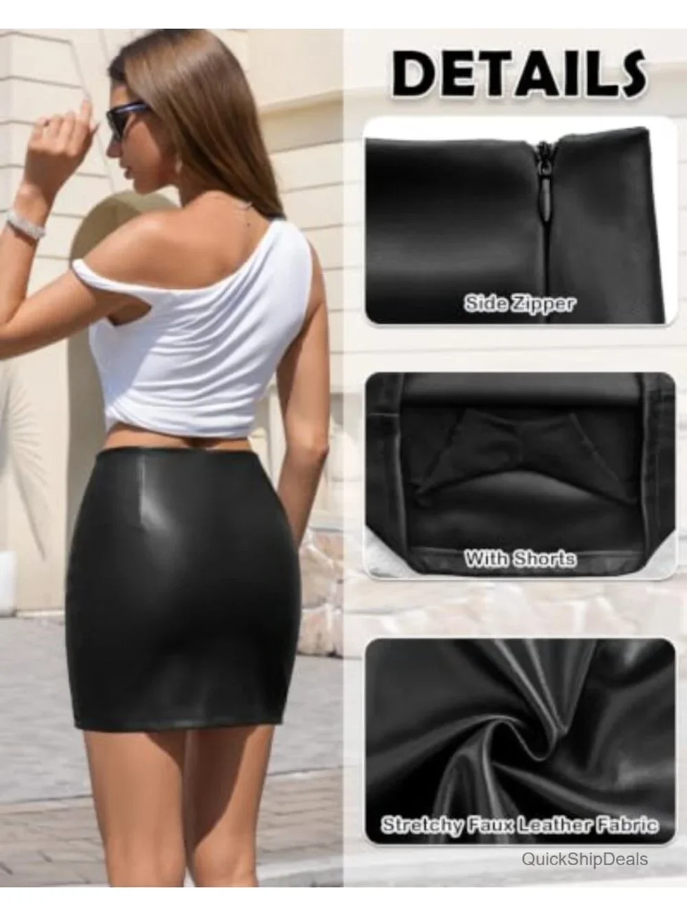 Women's Faux Leather Mini Skort High Waisted Side Zip